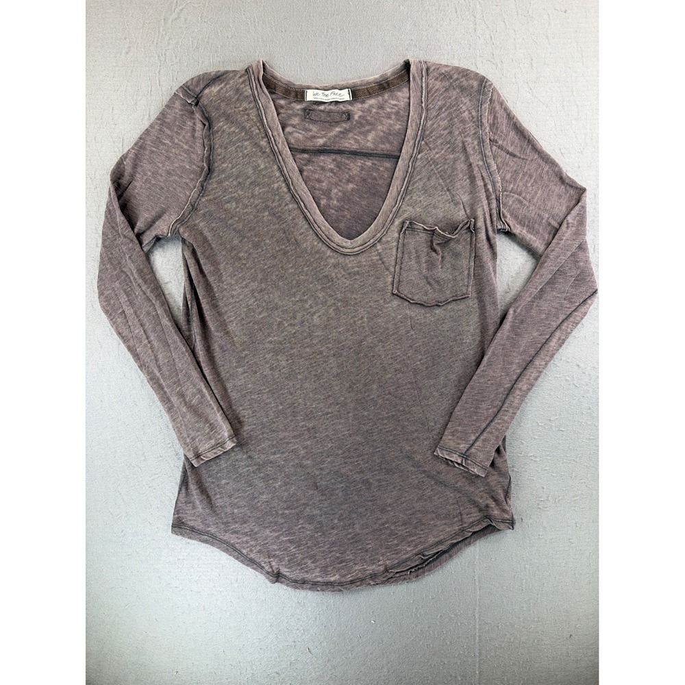 Free People We The Free Brown Gray Taupe V-Neck Long Sleeve Pocket Tee Small
